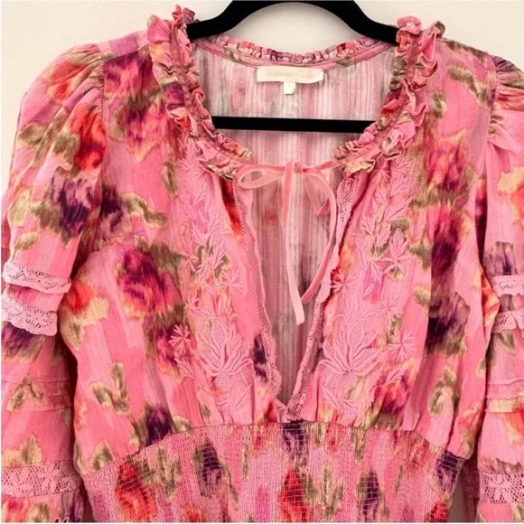 LoveShackFancy Pink Floral Tiered Midi Dress - Picture 10 of 15